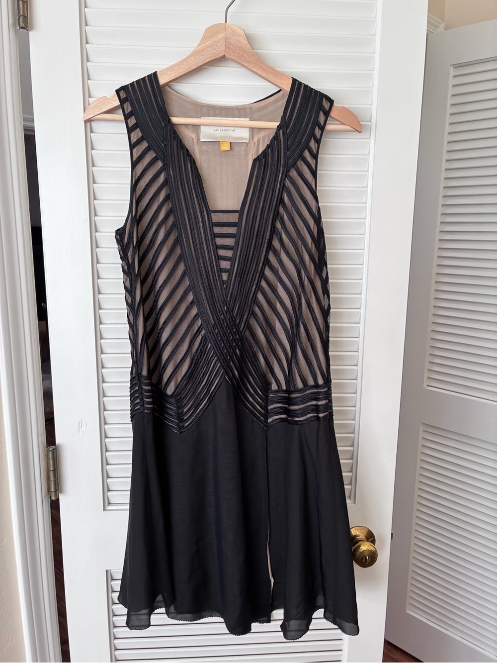 Anthro Black and Nude Sheer-Panel V-Neck Mini Dress